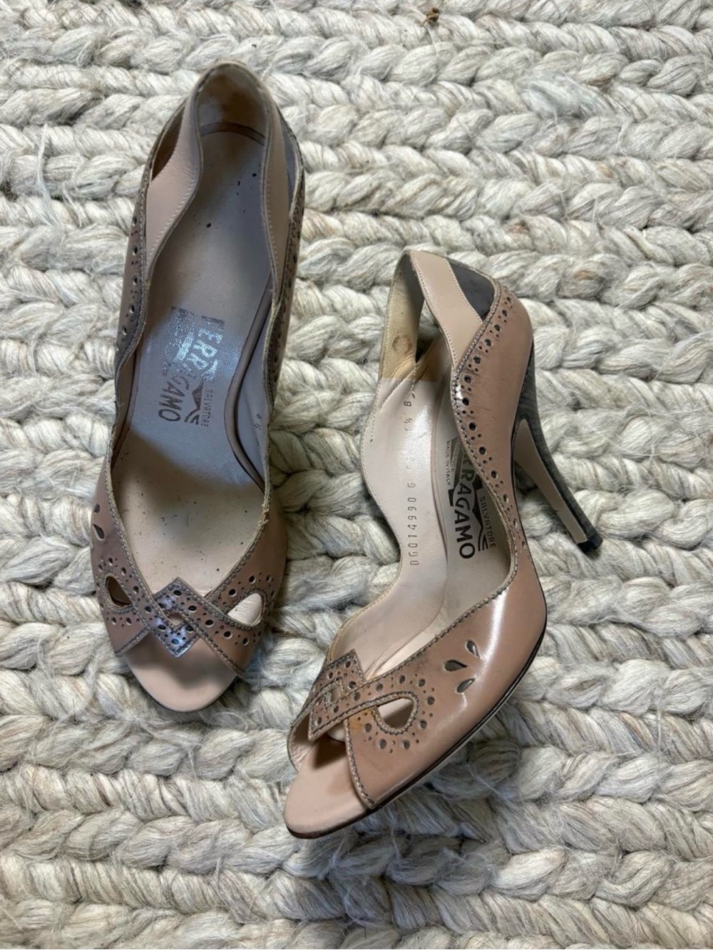 Salvatore Ferragamo Nude Taupe Leather Peep-Toe Heels